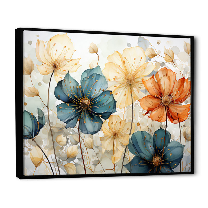 «Teal Orange Petal Mosaics I», art mural abstrait botanique pour le salon, H 34 po x l 44 po, Noir