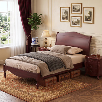 Full Vintage Wooden Bed Frame, Traditional Arched Headboard Footboard, Ample Under-Bed Storage, No Box Spring