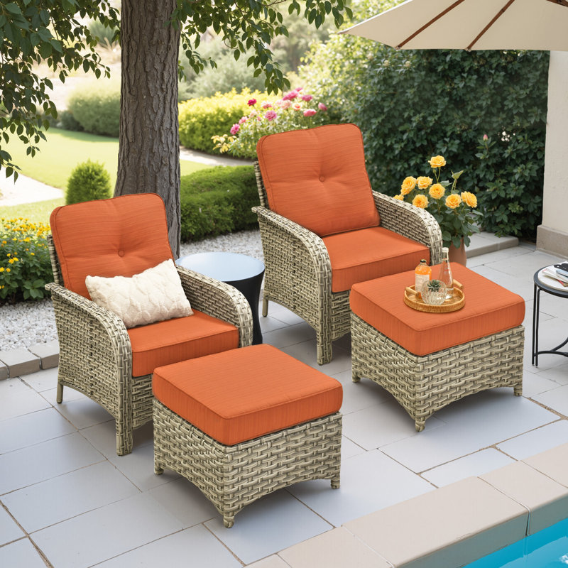 2-Person Outdoor Seating Group With Cushions And Ottomans,  All-Weather Wicker Patio Set, Orange
