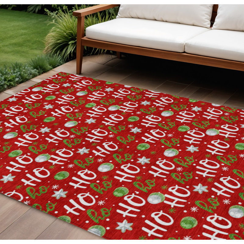 Tapis lavable d'intérieur/extérieur rouge, blanc et vert « Ho Ho Ho » de 2,74 m x 3,66 m