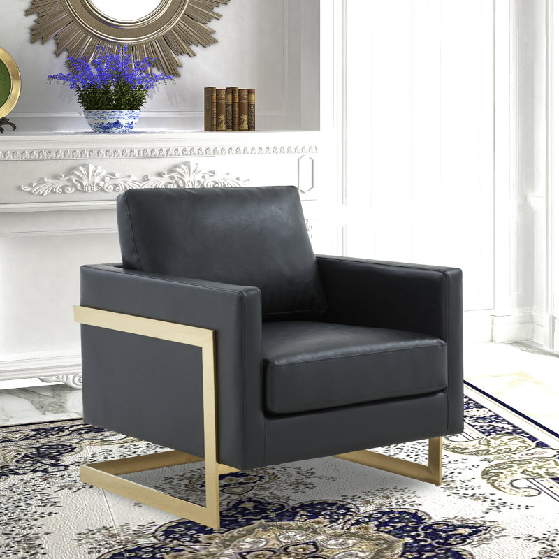 Lincoln Modern Leather Accent Chair with Gold Stainless Steel Base – Contemporary Boxy Armchair, Single Seater Side Chair for Living Room, Bedroom, Office & Lounge