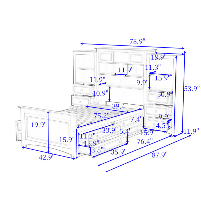 Lit plateforme en bois polyvalent avec tiroirs et tablettes Dorann, Blanc