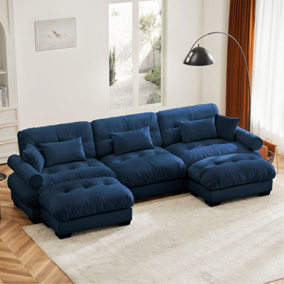 U Shape Modular Sectional Sofa Couch With Two Movable Ottomans, Modern 3 Seat Corner Sofa With Waist Pillows, Throw Pillows And Blostered Armrests, Convertible L Shaped Couch For Living
