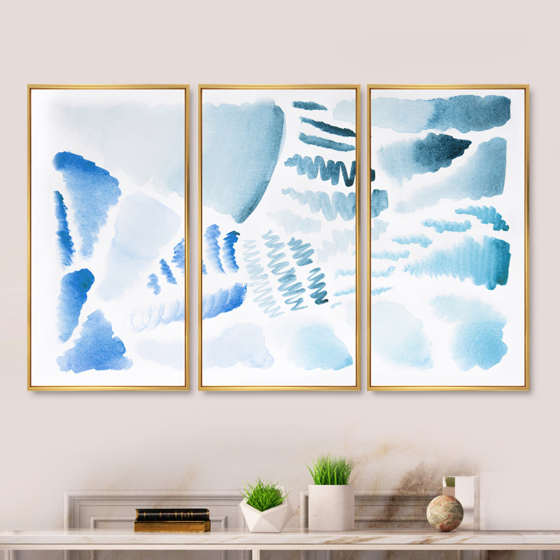 «Retro Elements In Blue And Green II», peinture sur toile flottante 3 pièces, L 36 po x H 28 po, Encadrement doré