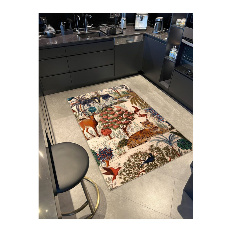 Tapis multicolore à motif de cerfs et de tigres lavables à la machine, Rectangle 3 pi 11 po x 5 pi 11 po