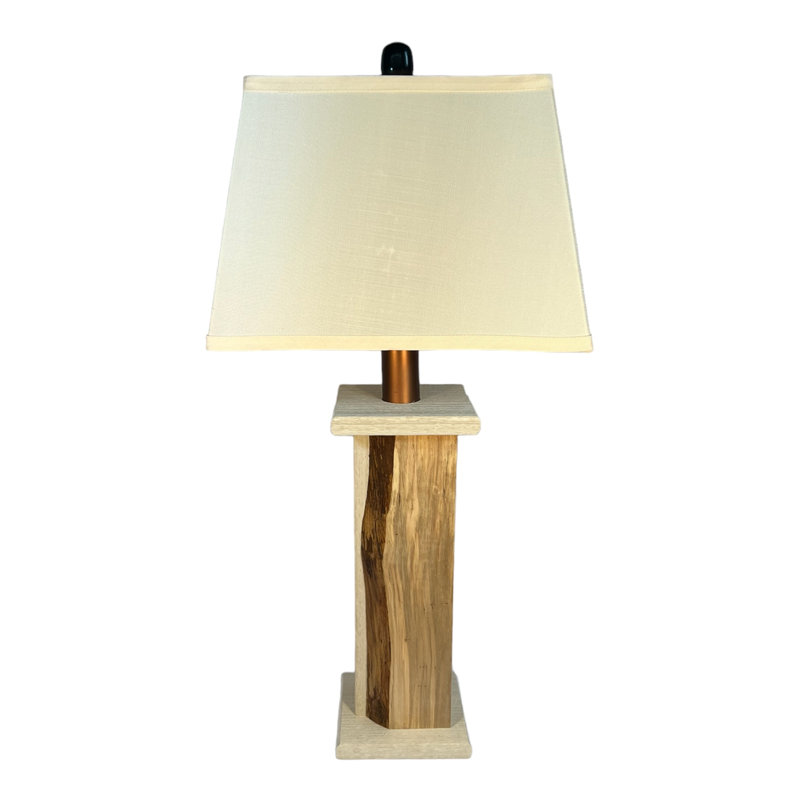 Battery Powered Live Edge Wood Table Lamp. Textured Poly Lumber Core with Live Edge Wood Panels, Birch