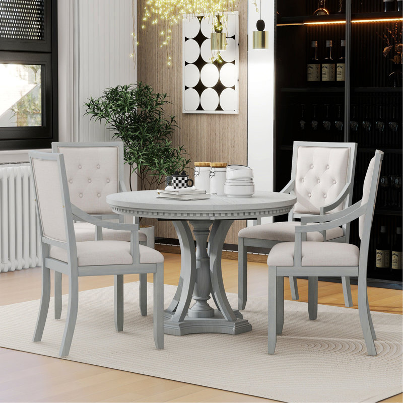 Ensemble de salle à manger 5 pièces, table ronde extensible et 4 chaises pour la salle à manger de cuisine, Gris antique
