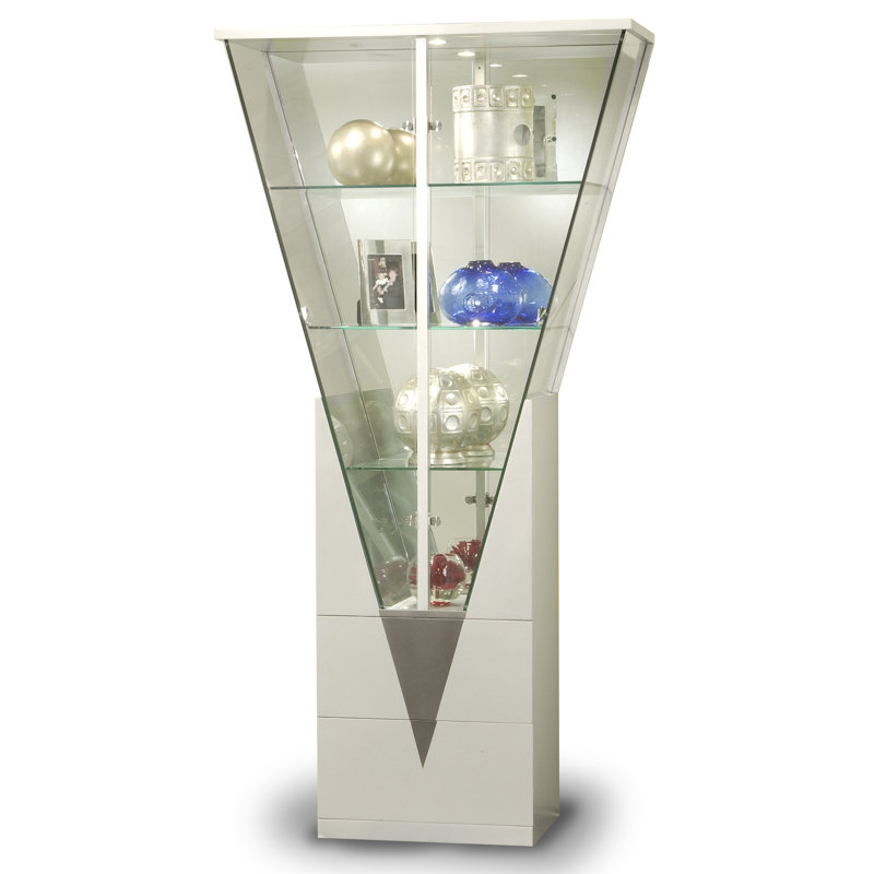 Mescal Triangular Design Curio w/ Shelves, Drawers & LED Lights, Silver