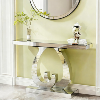 Modern mirror side table glass sofa table with mirror effect entrance table double C-shaped base, rectangular decoration hall table suitable for living room corridor entrance (silver)
