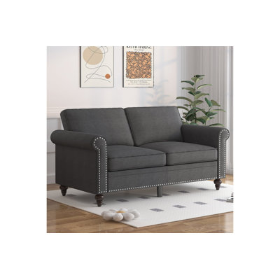 Causeuse, petits canapés l 53 po en lin, causeuse rembourrée pour le salon, causeuse moderne de style Mid-Century, petit canapé avec accents rivés et pieds en bois