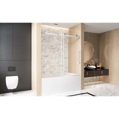 60 - Inch Tall Single Sliding Shower Door 56 Inches Across, 6mm Transparent Tempered Glass, Splintering Film, Stainless Steel Track And Handle In Brushed Nickel, Suitable For Bathroom Scenes, Smooth