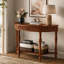 Console rustique vintage en forme de demi-lune avec tiroir et tablette ouverte-1163388678