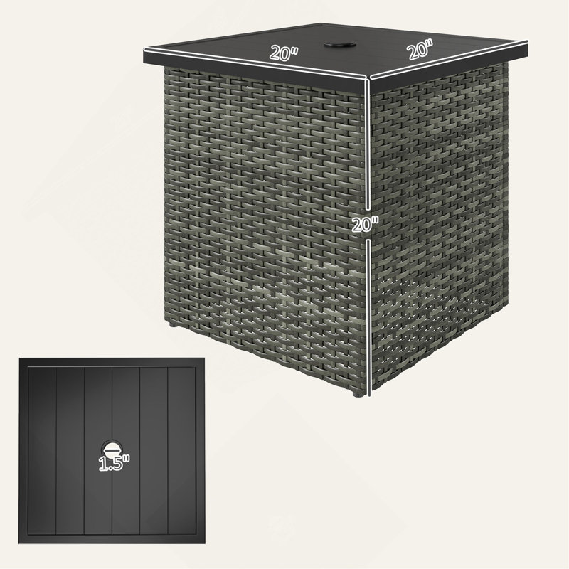 Square Outdoor End Table,Wicker Side Table With Umbrella Hole, Gray