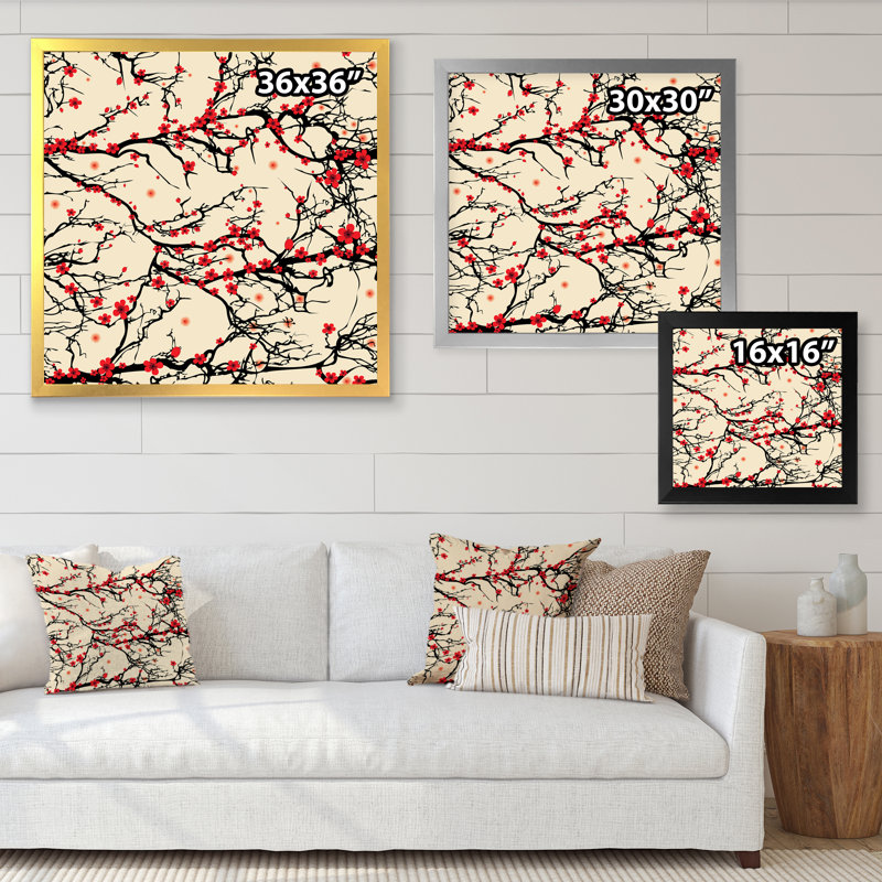 «Cherry Tree Blossoms On Yellow», reproduction d'art sur toile traditionnelle, H 16 po x l 16 po x P 1 po, Cadre photo noir