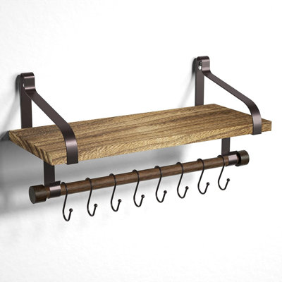 Floating Shelf For Kitchen And Bathroom - Rustic Wood Wall Shelf With Towel Bar And Removable Hooks For Organizing Spices, Utensils, Mugs - Sturdy Metal Brackets And Solid Wood Construction