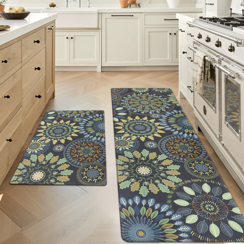 Jalissia Anti-Fatigue Non-Skid Kitchen Mat, Runner 20" x 31.5" + 20" x 59", Gray/Beige/Dark Green/Blue