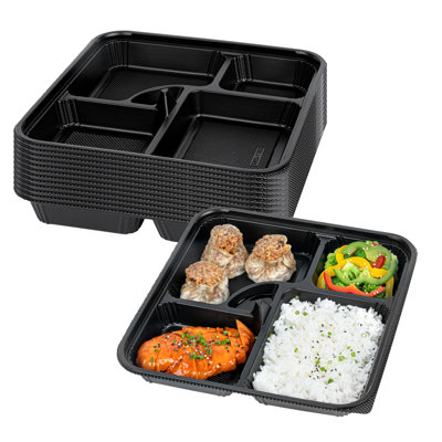 Restaurantware-Bento Tek 39.6 Ounce Meal Prep Containers, 100 Disposable To Go Food Boxes - Lids Sold Separately, 5 Compartments, Black Plastic Bento Lunch Boxes, Microwavable, Freezable