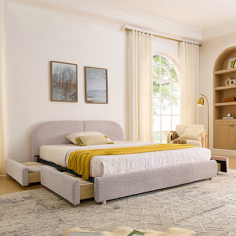 Structure de lit tapissier de style minimaliste moderne - Tissu de fil circulaire, Grand lit, Rose
