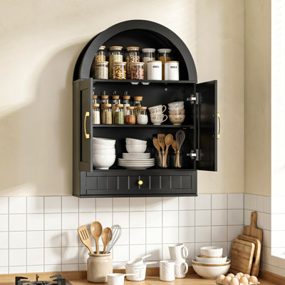 Arched Bathroom Wall Cabinet, 23.6" W x 34.6" H x 8.4" D Black Floating Storage Cabinet with Drawer, Adjustable Shelves, Open Display Shelf and Double Doors for Modern Farmhouse Bathroom