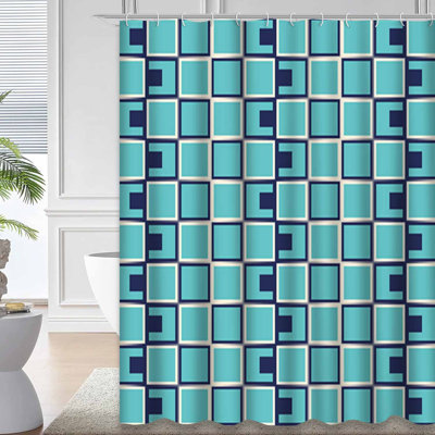 Optical Blue Nostalgic Abstract Art Navy Shower Curtain with 12 Hooks
