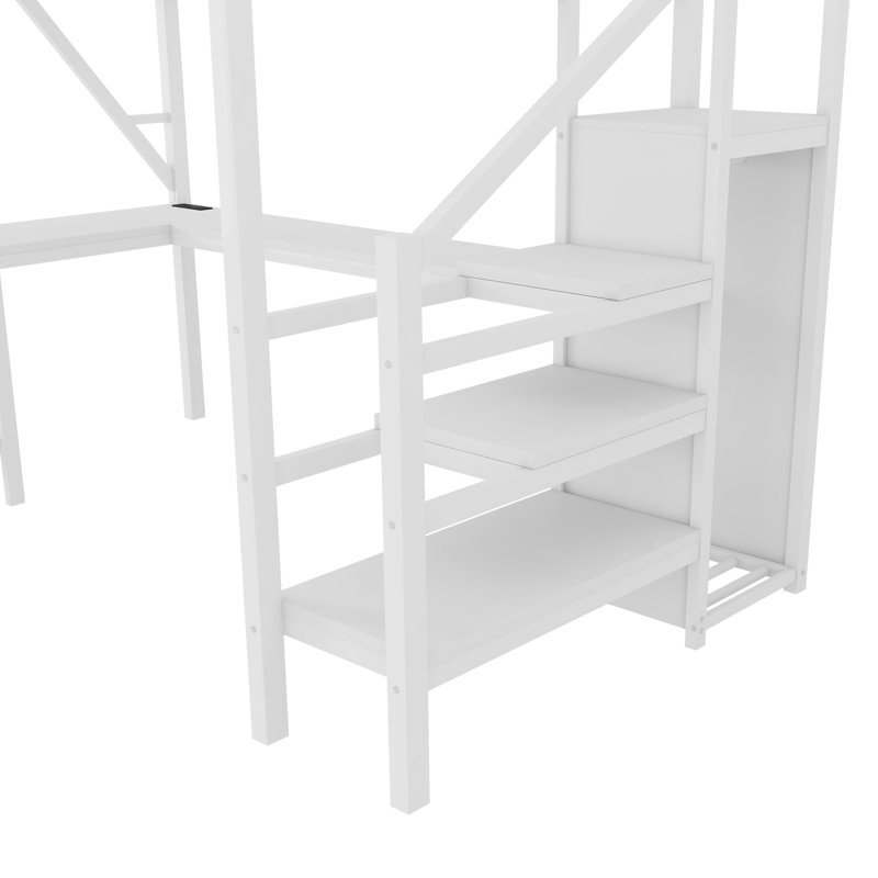 Lit mezzanine blanc en métal pleine grandeur avec bureau en forme de L, lumières sous et à DEL pour une garde-robe de chambre à coucher lumineuse