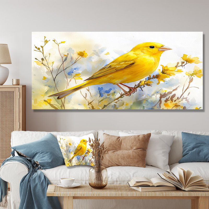 Oiseau pinson sur une tige de fleurs sauvages IV - impression d'oiseau sur métal, H 28 po x l 60 po