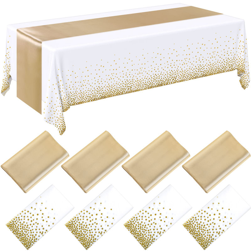 8 Pack White And Gold Disposable Plastic Tablecloths And Satin Table Runner Set, 54 X 108 Inch Tablecloth, 12 X 108 Inch Table Runners