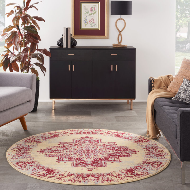 Burnie Oriental Cream/Red Area Rug, Round 8'