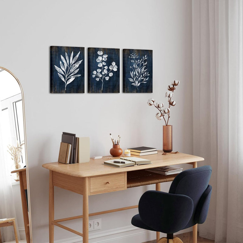 Botanical Painting Rustic Botanical Wall Art Canvas Minimalist White Leaf Plant Artwork Prints, 40 cm H x 30 cm W, Blue