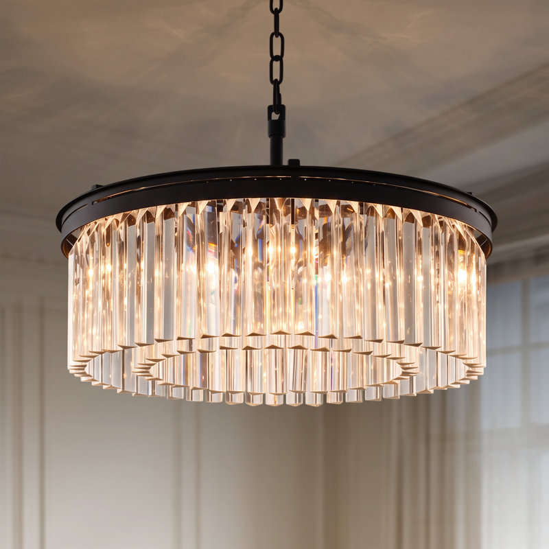 Lustre rond en cristal de luxe moderne 6 lumières 26 po, Noir mat