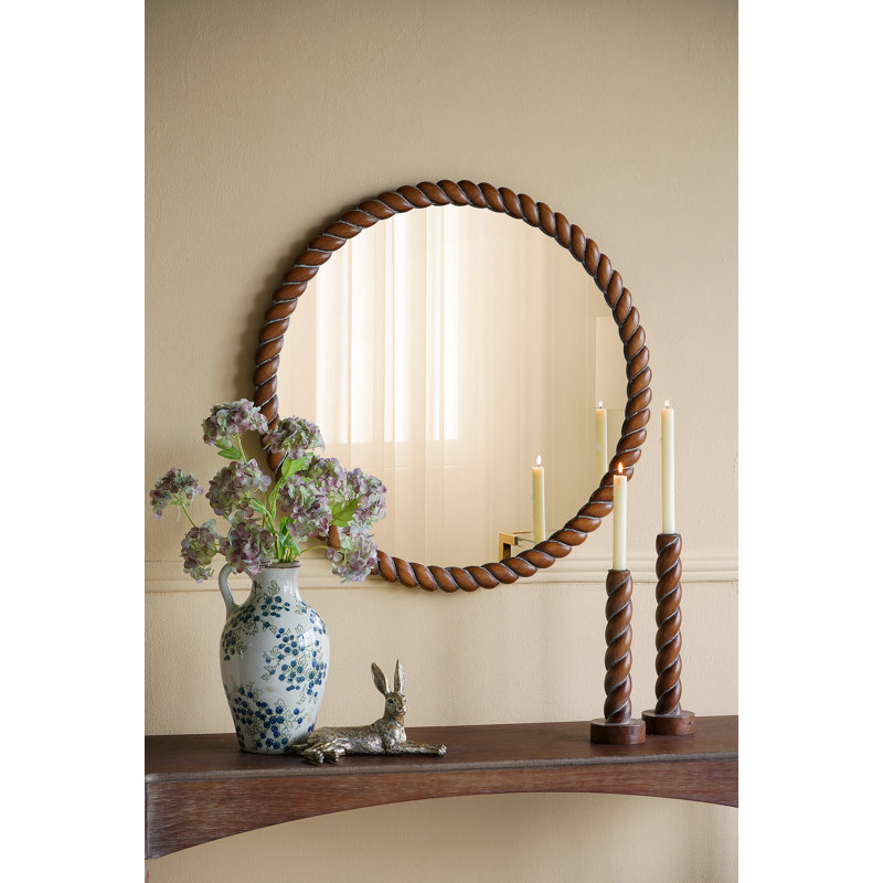 Miroir mural rond 28,3 x 28,3 po avec cadre en bois de pin texturé, finition brun chaud