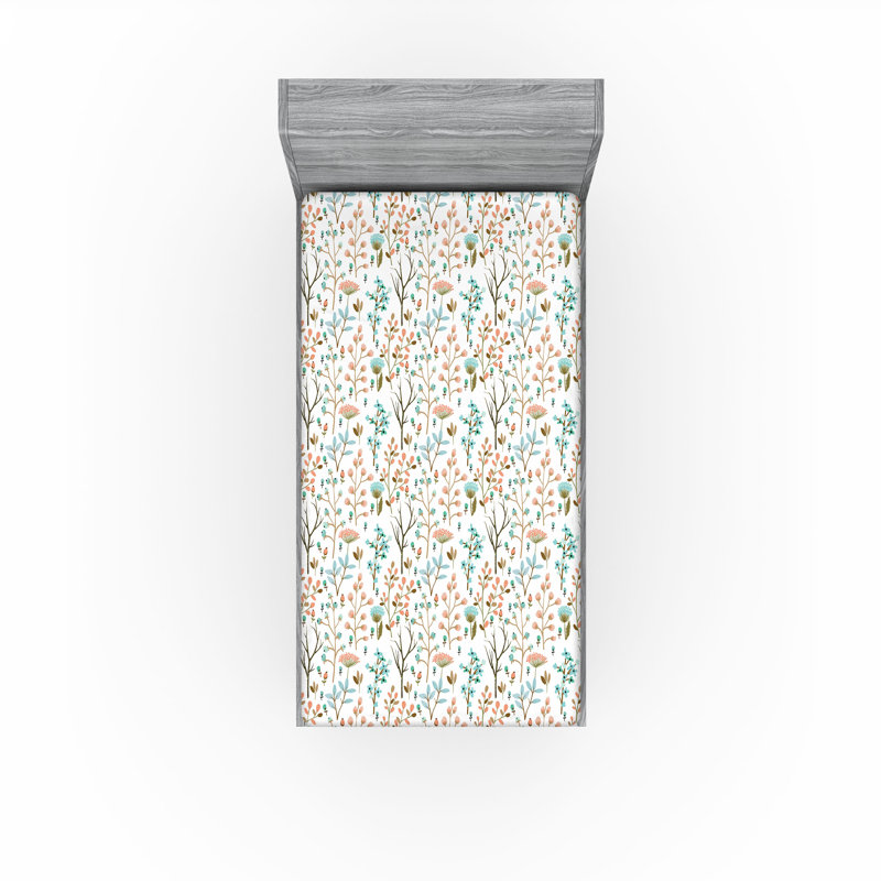 Ensemble de 2 draps-housses Ambesonne, Écume de mer, corail, brun pâle / floral, Drap-housse simple TG