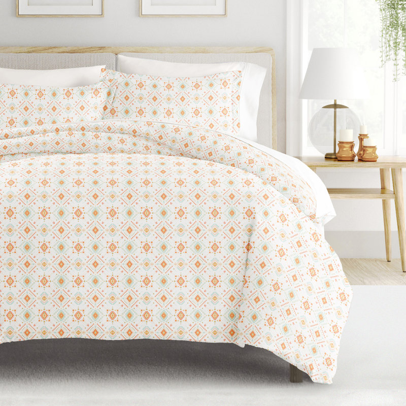 Coral Geometric Microfiber King Duvet Cover Set with Shams