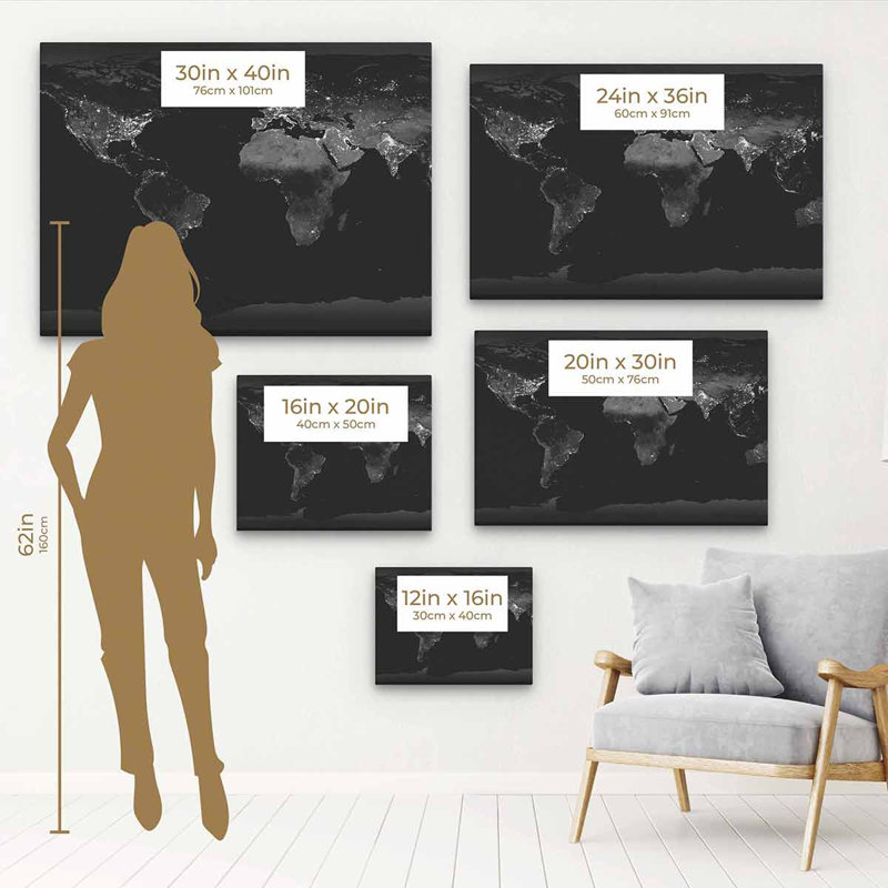 «Zybert Black Night Map», art mural sur toile 0262, Cadre flottant noir, H 12 po x l 16 po