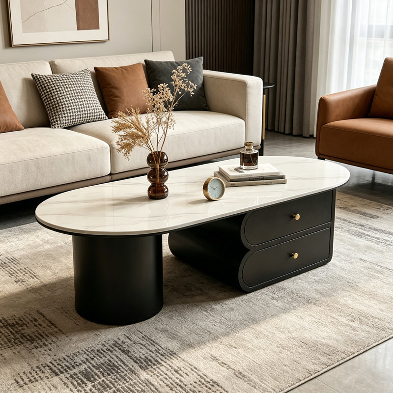 Table basse avec tiroir Luxury Rock, Blanc / Gris, H 15,74 po x L 51,18 po x l 27,55 po