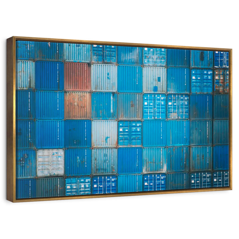 Blue Cargo Containers, 25" X 17", Floating Frame Gold