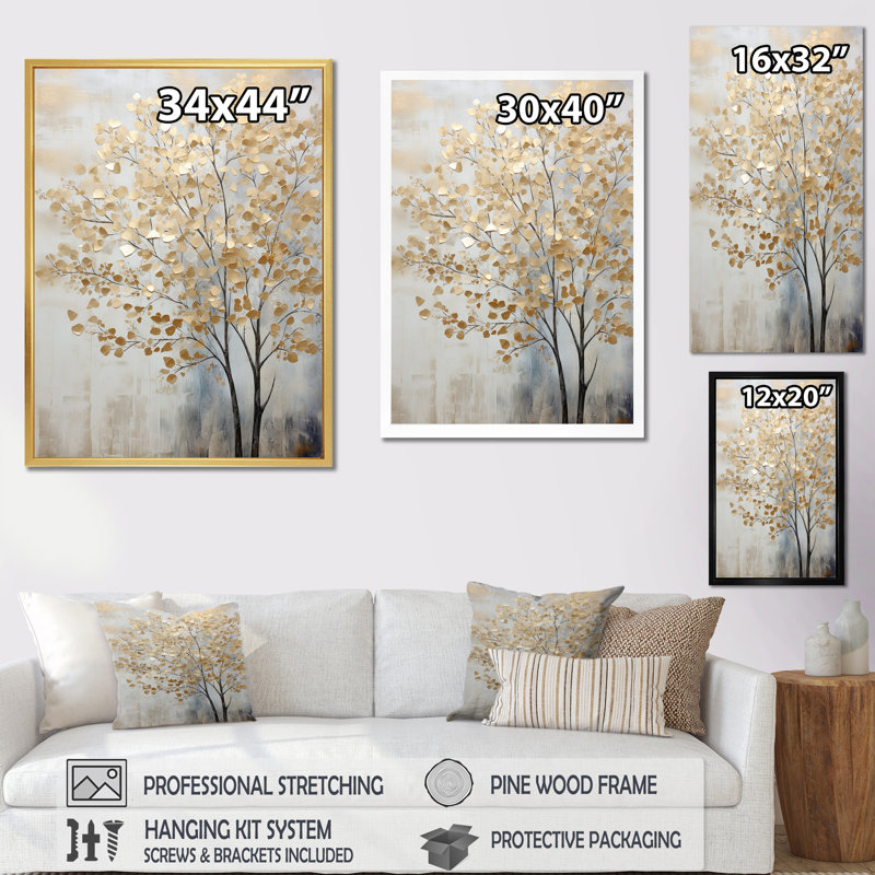 Minimalisme, scène d'arbres bleus et dorés - Art mural arbres, H 40 po x l 30 po x P 1,5 po, Cadre flottant brun
