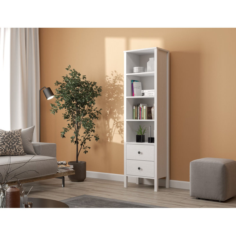 Bibliothèque moderne avec poignées en métal, finition blanche et bois, 19,8 x 70,9 x 13,4 pouces | Panneau de particules enduit 100% mélamine, pieds en panneau de fibres à densité moyenne robustes, nombreuses tablettes, conception murale, solution de rangement élégante et fonctionnelle