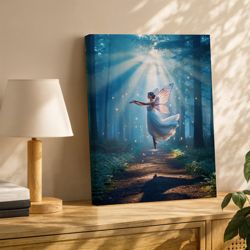 Toile, une fée fantaisiste flottant gracieusement dans un soleil, art mural enchanté, forêt, ses délicates ailes translucides chatoyantes sur toile