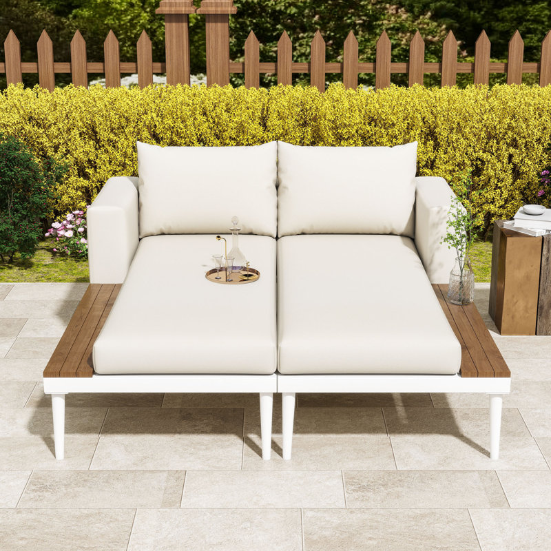 2-in-1 Convertible Outdoor Patio Daybed with Adjustable Feet, Side Space and Washable Cushions, Beige Cushion/White Frame