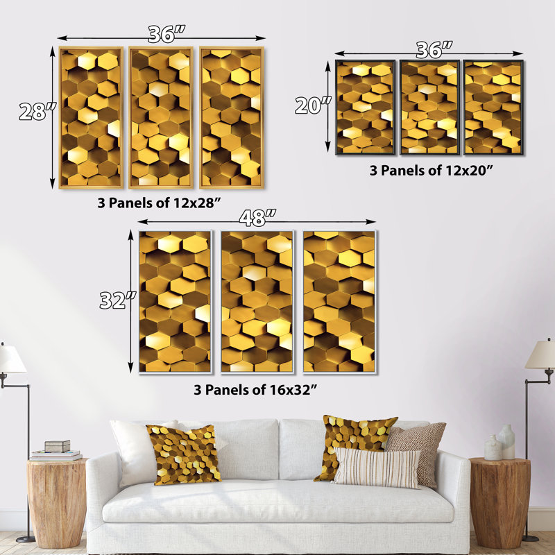 «Golden Honeycomb Wall Texture», ensemble de 3 toiles abstraites encadrées, Cadre noir, L 36 po x H 28 po