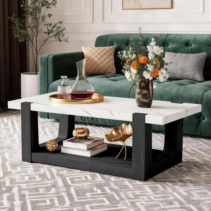 Table basse 48 po à 2 niveaux en faux marbre avec tablette inférieure, Base noire