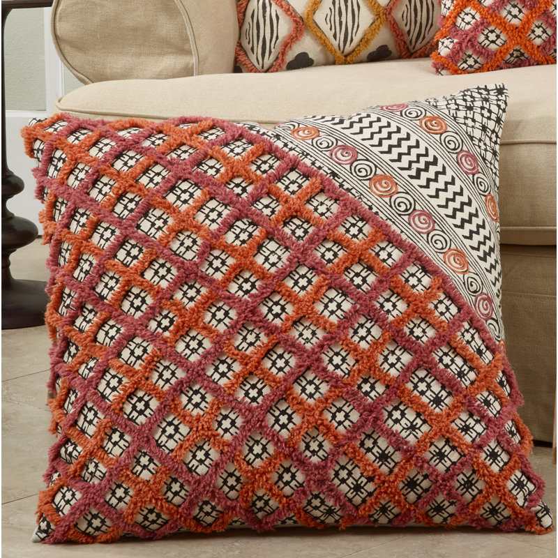 22" Multicolor Cotton Embroidered Geometric Floor Pillow