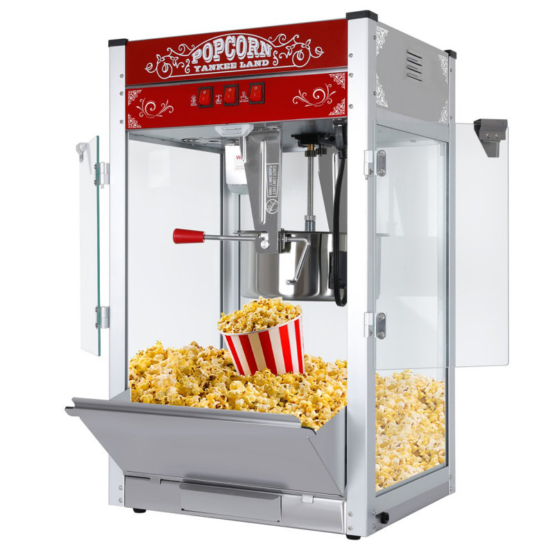 Machine à maïs soufflé 16Oz commercial avec bouilloire 1440W - Machine à maïs soufflé de comptoir avec 3 interrupteurs de commande, verre trempé, cadre en acier inoxydable, rouge - Comprend une cuillère et des cuillères