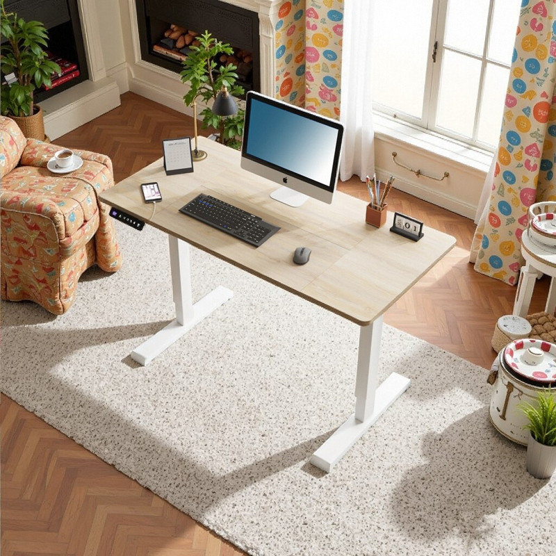 Libro 55 Inch Solid Steel Frame Electric Height Adjustable Standing Desk For Home Office And Gaming, Oak/White