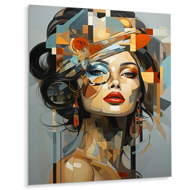Glam Harmonious Cubist Woman Portrait I - mode, impressions murales en métal, H 40 po x l 30 po