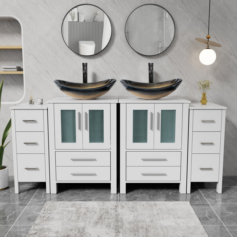 Ensemble de meuble-lavabo à double cuve avec lavabo vasque, comptoir en bois manufacturé, robinet et drain Sharee, Champagne