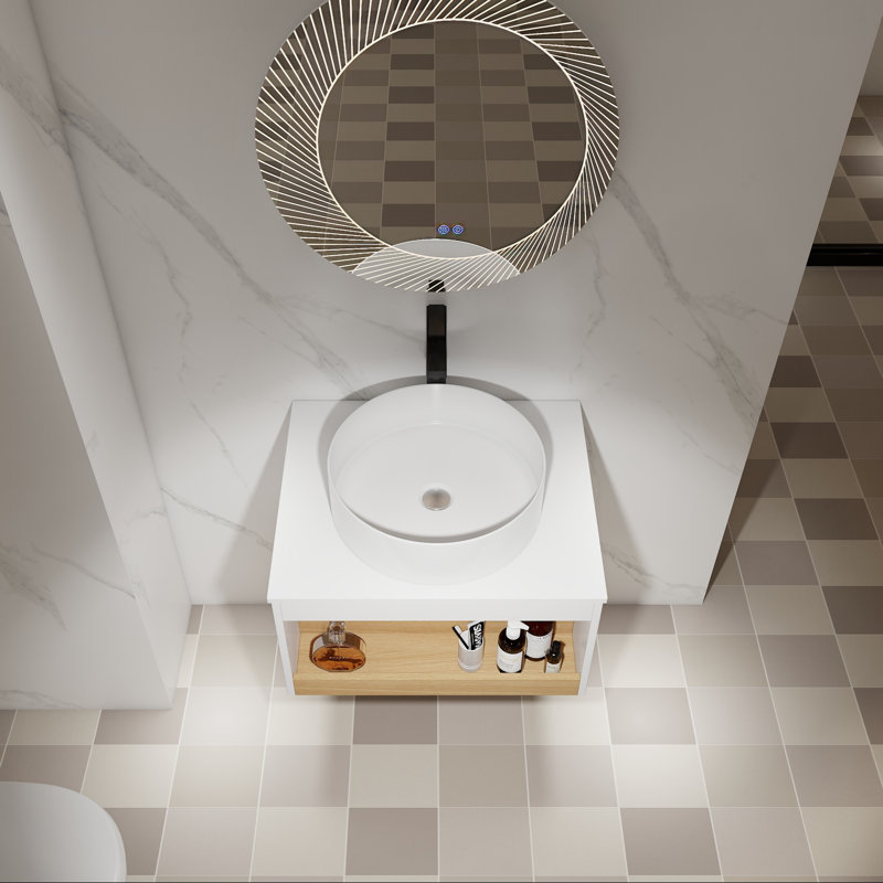 Meuble-lavabo mural 24 po, lavabo vasque rond, tablette ouverte, Blanc