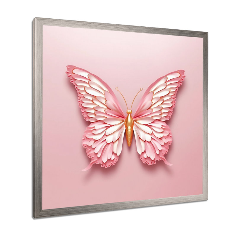 Décoration murale papillon rose et or III, H 24 po x l 24 po x P 1 po, Cadre simple argenté