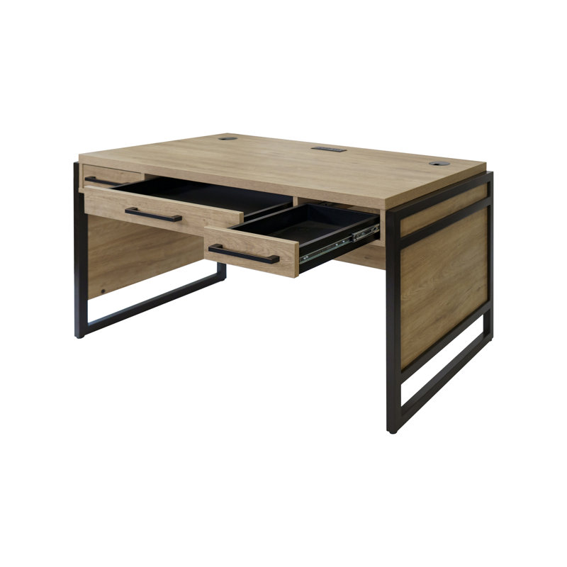 Solid Wood Computer Desk with Built-In Electrical Outlet, Light Brown/Black